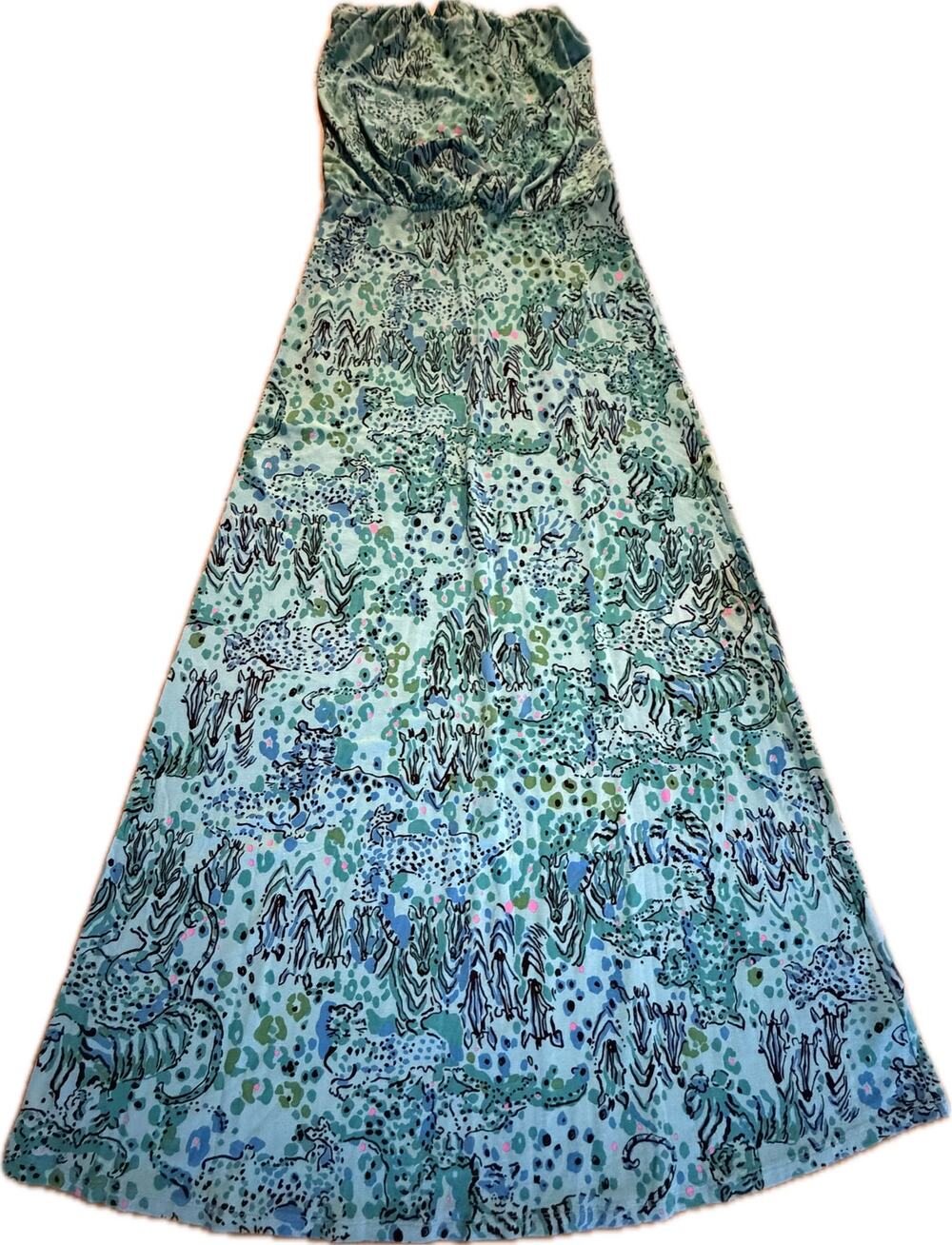 Lilly Pulitzer Maxi Dress Womens XS Blue Green Animal Print Strapless Long